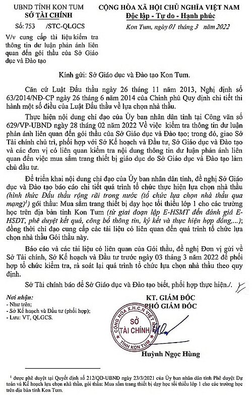 Vụ nghi vấn 1 gói thầu bị nâng khống hơn 10 tỷ đồng tại Sở Giáo dục và Đào tạo Kon Tum: UBND tỉnh chỉ đạo xác minh làm rõ